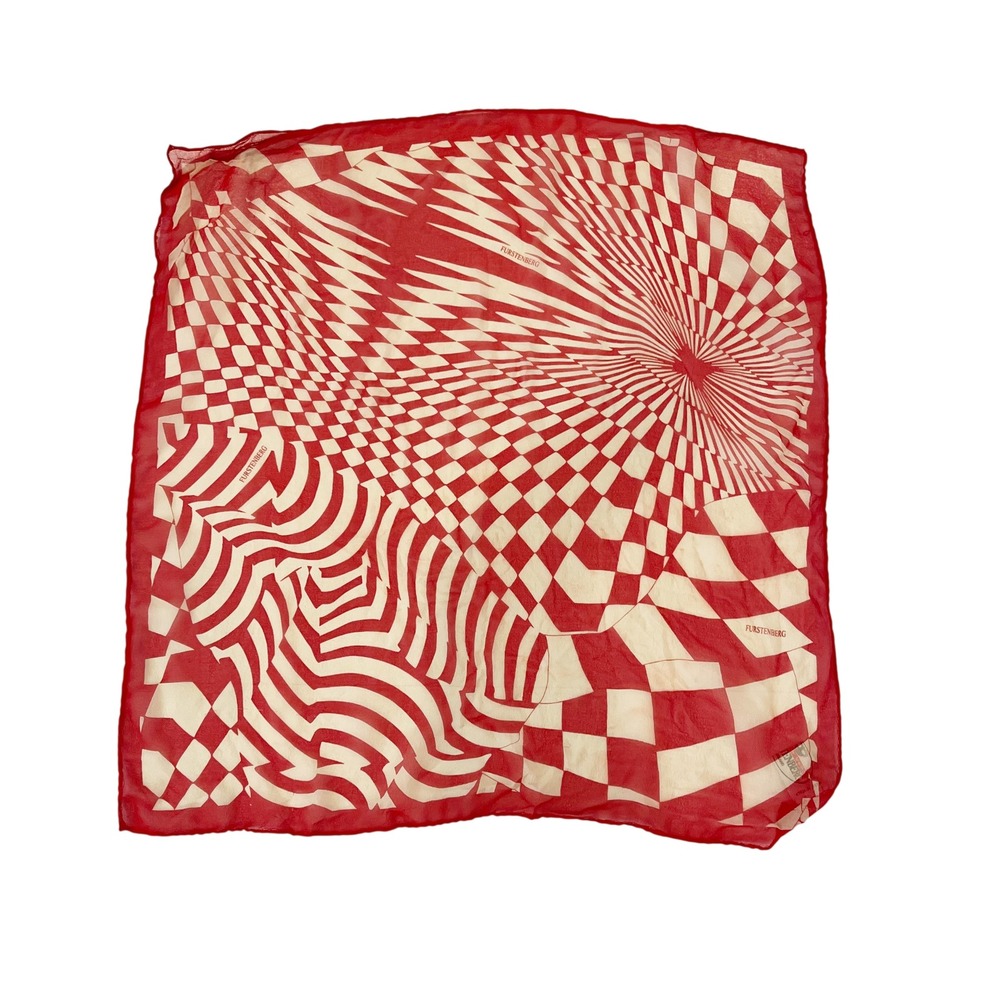 Vintage Diane Von Furstenberg Silk Scarf Red Cream Geometric Art Handkerchief